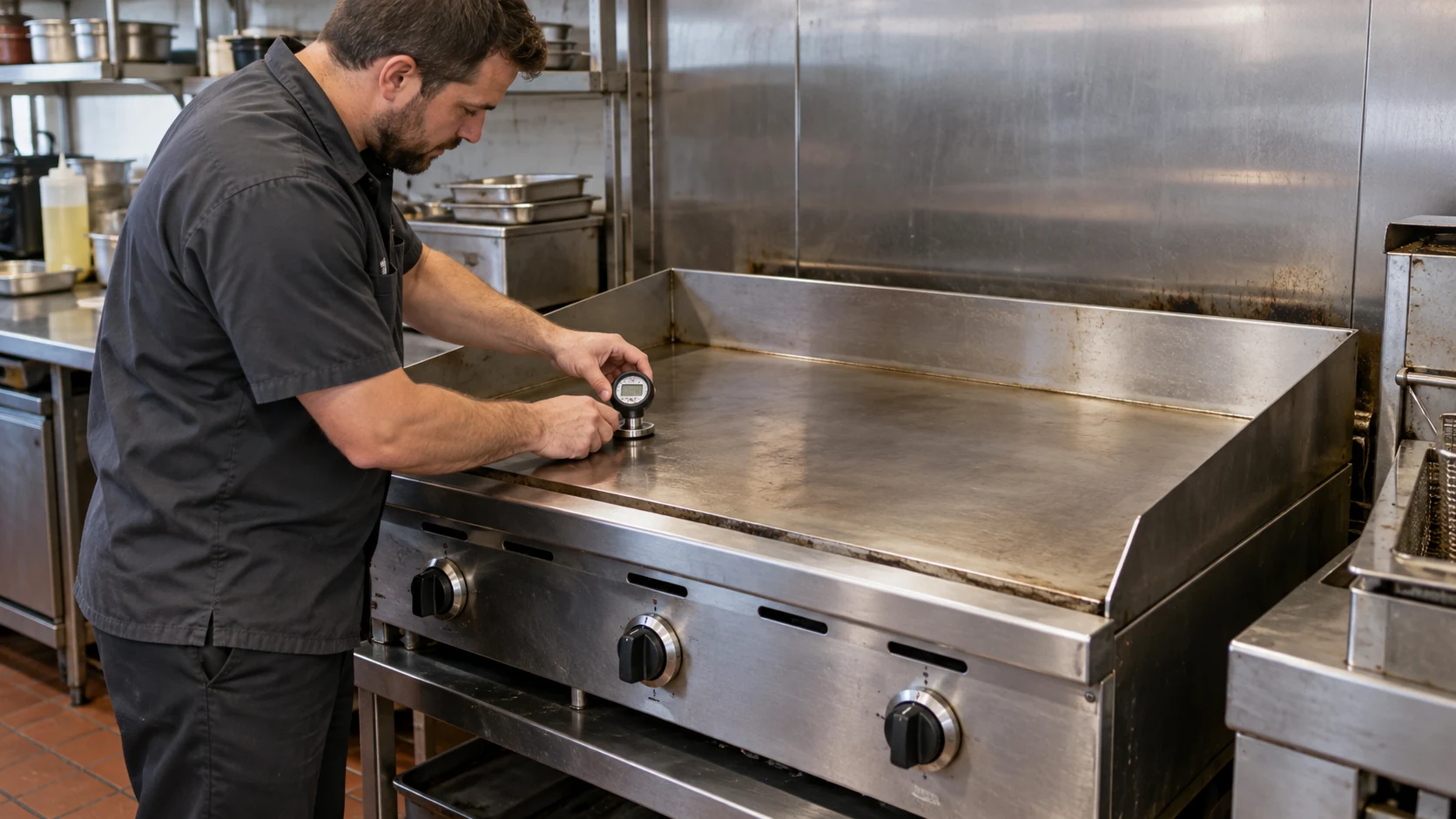 Technician checking a commercial griddle with a surface thermometer