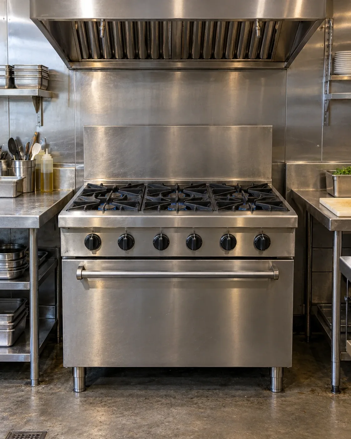 Installed commercial six-burner range beneath a ventilation hood